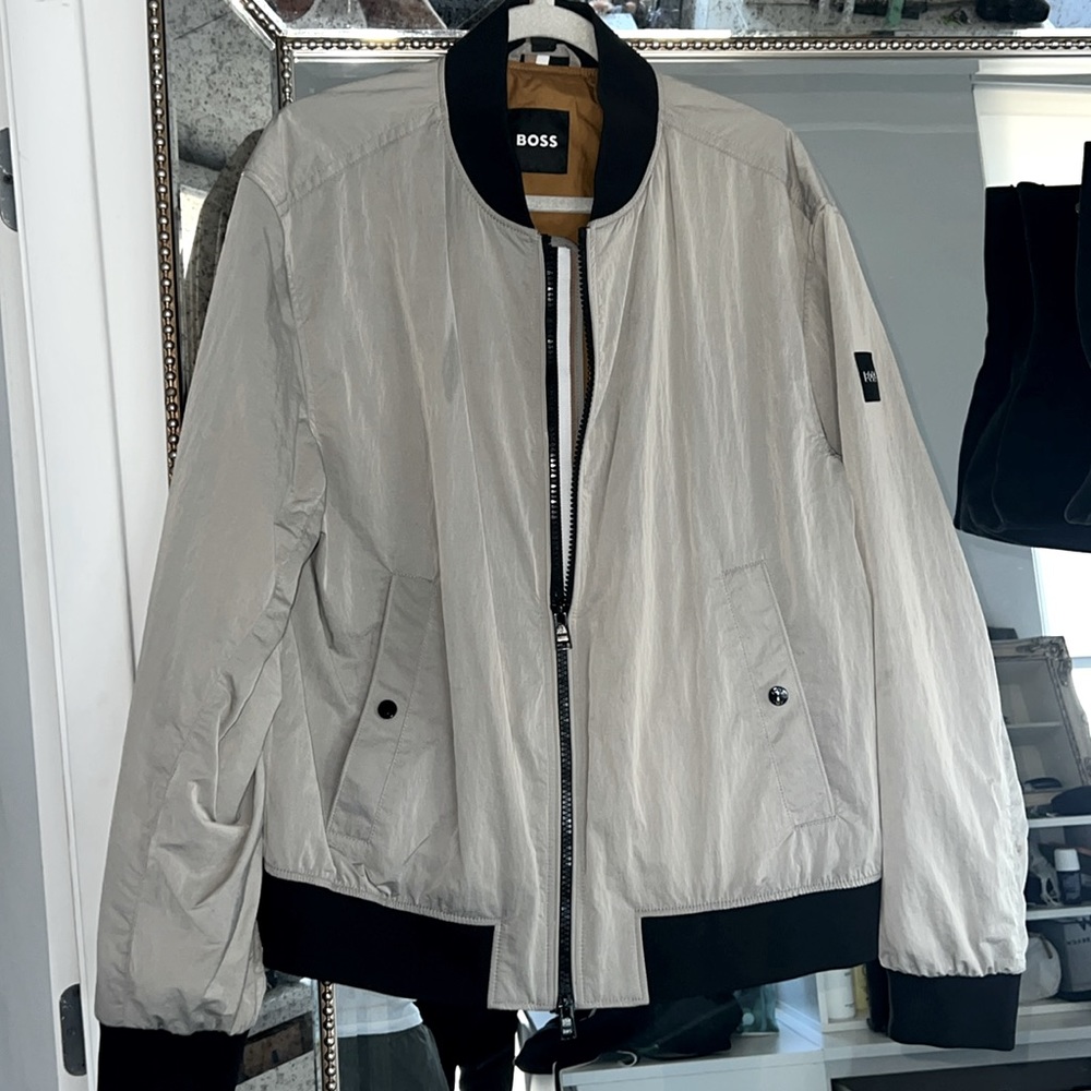 Men’s Hugo Boss water-proof wind breaker light jacket grey zip-up full large